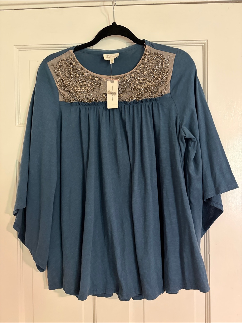 Anthropologie Blue Tunic with Beige Embellished Yoke